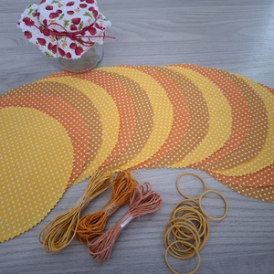 Befőttes tető szett - 15 db-os, sárga pötyis árnyalatok (barack) - otthon & életmód - konyhafelszerelés, tálalás - konyhai textil - edényfogó & edényfedő - Meska.hu