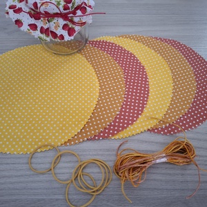Befőttes tető szett - 6 db-os, sárga pötyis árnyalatok (barack) - otthon & életmód - konyhafelszerelés, tálalás - konyhai textil - edényfogó & edényfedő - Meska.hu