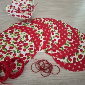 Befőttes tető szett - 10 db-os, meggyes és piros alapon finom mintás variáció (meggy, cseresznye), Otthon & Életmód, Konyhafelszerelés, tálalás, Konyhai textil, Edényfogó & Edényfedő, Mindenmás, MESKA