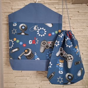 Ovis vagy bölcsis zsák és tornazsák szett kispasiknak - gamer, kék színvilágban - Meska.hu