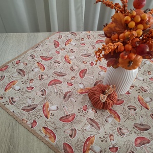 Őszi terítő, asztalközép pamutcsipkével - gombás, őszies natúr színvilágban - otthon & életmód - konyhafelszerelés, tálalás - tálalás - terítő - Meska.hu