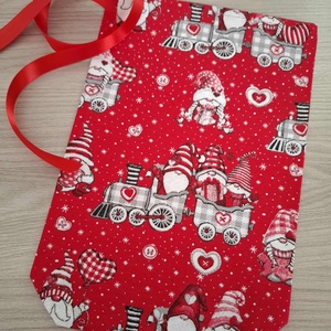 Mikulás zsák - vonatozó manók, piros - karácsony - mikulás - mikulás zsák - Meska.hu