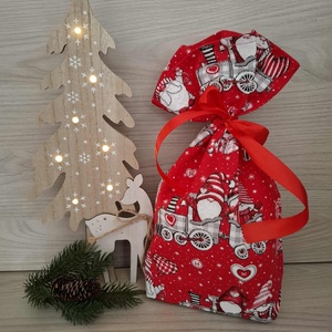 Mikulás zsák - vonatozó manók, piros - karácsony - mikulás - mikulás zsák - Meska.hu