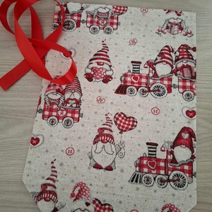 Mikulás zsák - vonatozó manók, bézs - karácsony - mikulás - mikulás zsák - Meska.hu