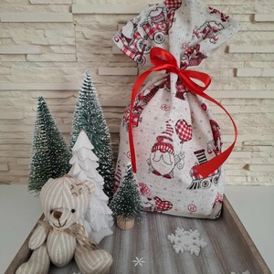 Mikulás zsák - vonatozó manók, bézs, Karácsony, Mikulás, Mikulás zsák, Varrás, MESKA