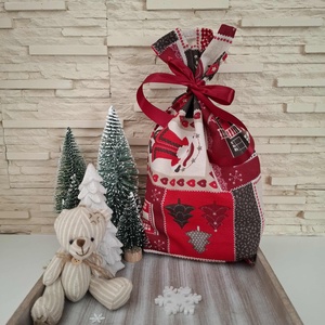 Mikulás zsák - mikukás téli tájjal, piros-bordó színvilágban, Karácsony, Mikulás, Mikulás zsák, Varrás, MESKA