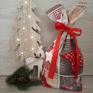 Mikulás zsák - kiscsillagos, natúr mintával - karácsony - mikulás - mikulás zsák - Meska.hu