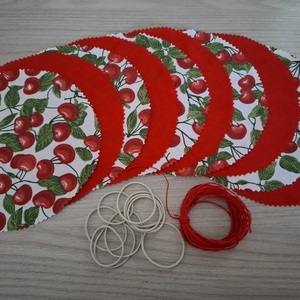 Befőttes tető szett - 10 db-os, meggyes és piros variáció (meggy, cseresznye) - otthon & életmód - konyhafelszerelés, tálalás - konyhai textil - edényfogó & edényfedő - Meska.hu
