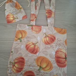 Őszi szatyor és zsákocska szett - tököcskék, Táska & Tok, Bevásárlás & Shopper táska, Shopper, textiltáska, szatyor, Varrás, MESKA