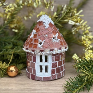 Mozaik mécses tartó házikó, mézszínű - karácsony - adventi díszek - adventi ablakdekoráció - Meska.hu