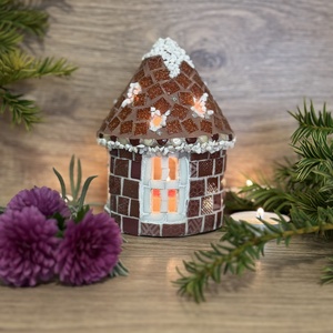Mozaik mécses tartó házikó, mézszínű, Karácsony, Adventi díszek, Adventi ablakdekoráció, Mozaik, MESKA