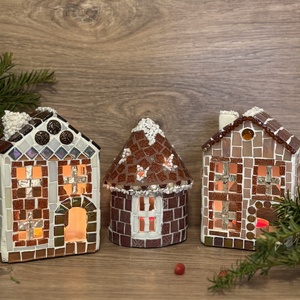 Mozaik mécses tartó házikó, mézszínű - karácsony - adventi díszek - adventi ablakdekoráció - Meska.hu