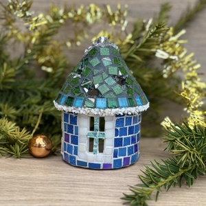 Mozaik mécses tartó házikó, kék, Karácsony, Adventi díszek, Adventi ablakdekoráció, Mozaik, MESKA