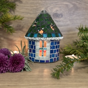 Mozaik mécses tartó házikó, kék - karácsony - adventi díszek - adventi ablakdekoráció - Meska.hu