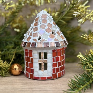 Mozaik mécses tartó házikó, piros, Karácsony, Adventi díszek, Adventi ablakdekoráció, Mozaik, MESKA
