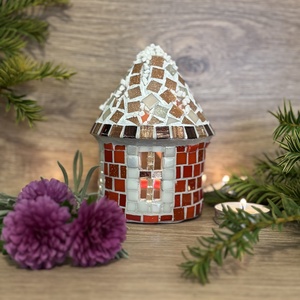 Mozaik mécses tartó házikó, piros - karácsony - adventi díszek - adventi ablakdekoráció - Meska.hu