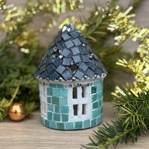 Mozaik mécses tartó házikó, türkíz, Karácsony, Adventi díszek, Adventi ablakdekoráció, Mozaik, MESKA