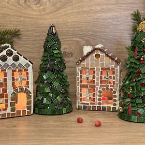 Mozaik mécses tartó házikó, barna, Karácsony, Adventi díszek, Adventi ablakdekoráció, Mozaik, MESKA
