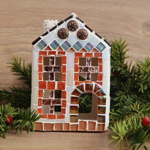 Mozaik mécses tartó házikó, barna - karácsony - adventi díszek - adventi ablakdekoráció - Meska.hu