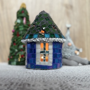 Mozaik mécses tartó házikó, kék - Meska.hu