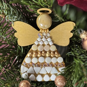 Arany-fehér angyalka fa alapon. 10x8 cm - Meska.hu