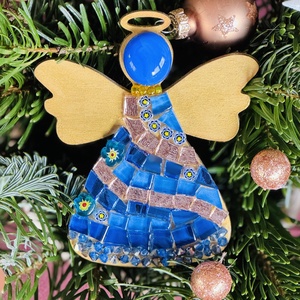 Arany-kék angyalka fa alapon. 10x8 cm - Meska.hu