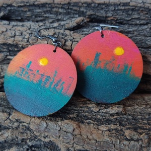 Alkonyat - fa fülbevaló kézzel festve - ékszer - fülbevaló - lógós kerek fülbevaló - Meska.hu