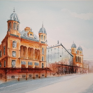 Építészet - Nyugati pályaudvar, Budapest; akvarellfestmény keretben - Meska.hu