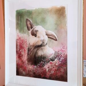 Mezei nyuszi - vegyes technikával készült bohó kép 31x41 cm méretben, kerettel együtt - művészet - festmény - festmény vegyes technika - Meska.hu