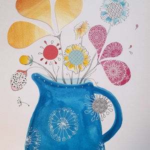 Egy kancsó virág - kollázstechnikával készített mosolygós kép natúr fakeretben - művészet - festmény - festmény vegyes technika - Meska.hu