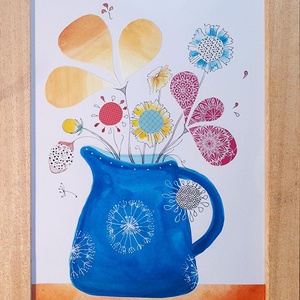 Egy kancsó virág - kollázstechnikával készített mosolygós kép natúr fakeretben - művészet - festmény - festmény vegyes technika - Meska.hu