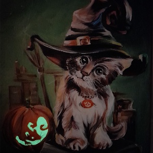 Halloween cica - akrilfestmény világító festékkel - művészet - festmény - akril - Meska.hu