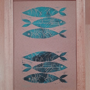 Türkiz halacskák - egyedi lenyomat barna papíron, natúr keretben, Művészet, Grafika & Illusztráció, Egyéb rajzok, Festészet, Meska