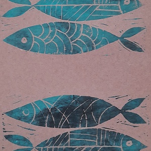 Türkiz halacskák - egyedi lenyomat barna papíron, natúr keretben - művészet - grafika & illusztráció - egyéb rajzok - Meska.hu