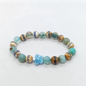 Kék karkötő dzi acháttal, kerámia virággal , Ékszer, Karkötő, Ásványkarkötő, Ékszerkészítés, MESKA