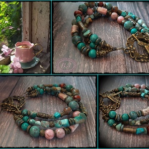 karkötő valódi türkiz, jáspis és rodokrozit gyöngyökkel - ékszer - karkötő - gyöngyös karkötő - Meska.hu