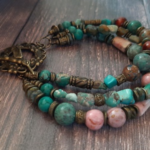 karkötő valódi türkiz, jáspis és rodokrozit gyöngyökkel - ékszer - karkötő - gyöngyös karkötő - Meska.hu