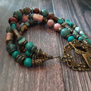 karkötő valódi türkiz, jáspis és rodokrozit gyöngyökkel - ékszer - karkötő - gyöngyös karkötő - Meska.hu