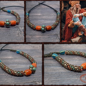 Türkiz-narancssárga nyaklánc, statement nyaklánc, vaskos nyaklánc - Meska.hu