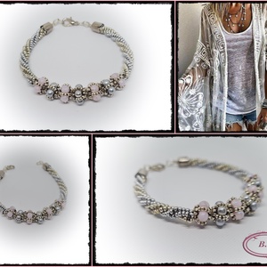 Ezüst és rózsaszin gyöngyös karkötő - ékszer - karkötő - bogyós karkötő - Meska.hu