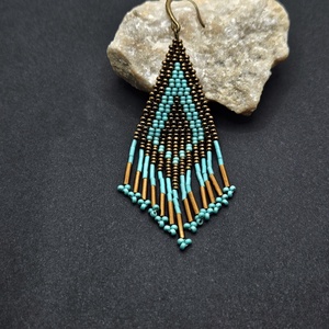 Bronz-türkiz fülbevaló, Ékszer, Fülbevaló, Lógó fülbevaló, Gyöngyfűzés, gyöngyhímzés, MESKA