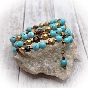 Türkiz-bronz-arany karkötő - ékszer - karkötő - széles karkötő - Meska.hu