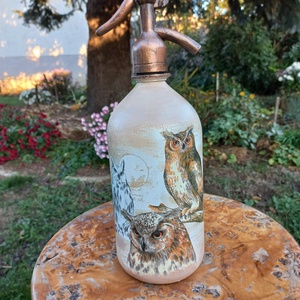 Retro szódásüveg bagollyal, Otthon & Életmód, Dekoráció, Asztal és polc dekoráció, Díszüveg, Decoupage, transzfer és szalvétatechnika, Festett tárgyak, MESKA
