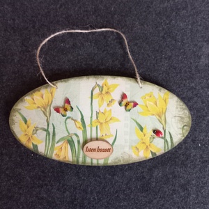 Nárciszos, pillangós, katica bogaras ajtódísz, Otthon & Életmód, Dekoráció, Ajtó- és ablak dekoráció, Ajtótábla, Decoupage, transzfer és szalvétatechnika, MESKA