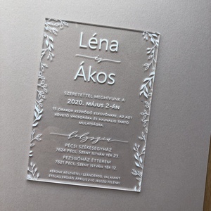 Akril esküvői meghívó, plexi meghívó, esküvői meghívó, kalligráfia, 2019, modern,átlátszó, plexi, Esküvő, Meghívó & Kártya, Meghívó, Fotó, grafika, rajz, illusztráció, Festett tárgyak, Meska