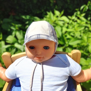 Labda sapka, kisfiú/ füles kombinált / drapp- kék nagykockás  - baba - mama - babaruházat - babasapka - Meska.hu