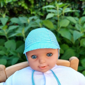 Labda sapka / fiú/ világoskék- fehér apró kockás - baba - mama - babaruházat - babasapka - Meska.hu