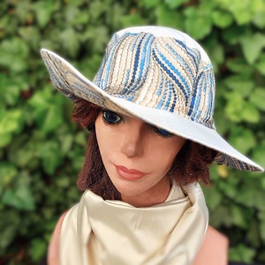 Gabi fazon / nyári nagyszélű varrott kalap, kombinált / fehér- kék, beige design mintás - ruha & divat - sál, sapka, kendő - kalap - Meska.hu