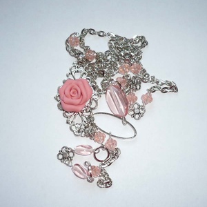 Lazacrózsaszín-ezüst hosszú asszimetrikus nyaklánc rózsával -  - Meska.hu