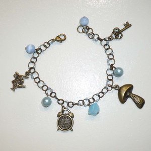 Nyúl, kulcs, óra,  gomba- kék, réz Alice in Wonderland karkötő -  - Meska.hu